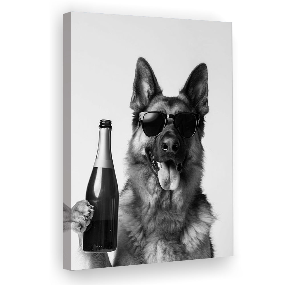 German Shepherd Holding Champagne Bottle Canvas Print Wall Art, Black and White, Dog Gift, Pet Art,, Home Bar Decor