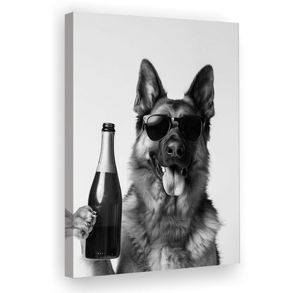 German Shepherd Holding Champagne Bottle Canvas Print Wall Art, Black and White, Dog Gift, Pet Art,, Home Bar Decor