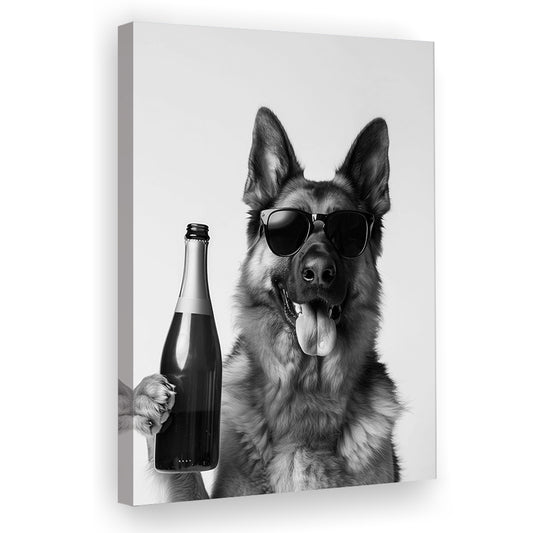 German Shepherd Holding Champagne Bottle Canvas Print Wall Art, Black and White, Dog Gift, Pet Art,, Home Bar Decor