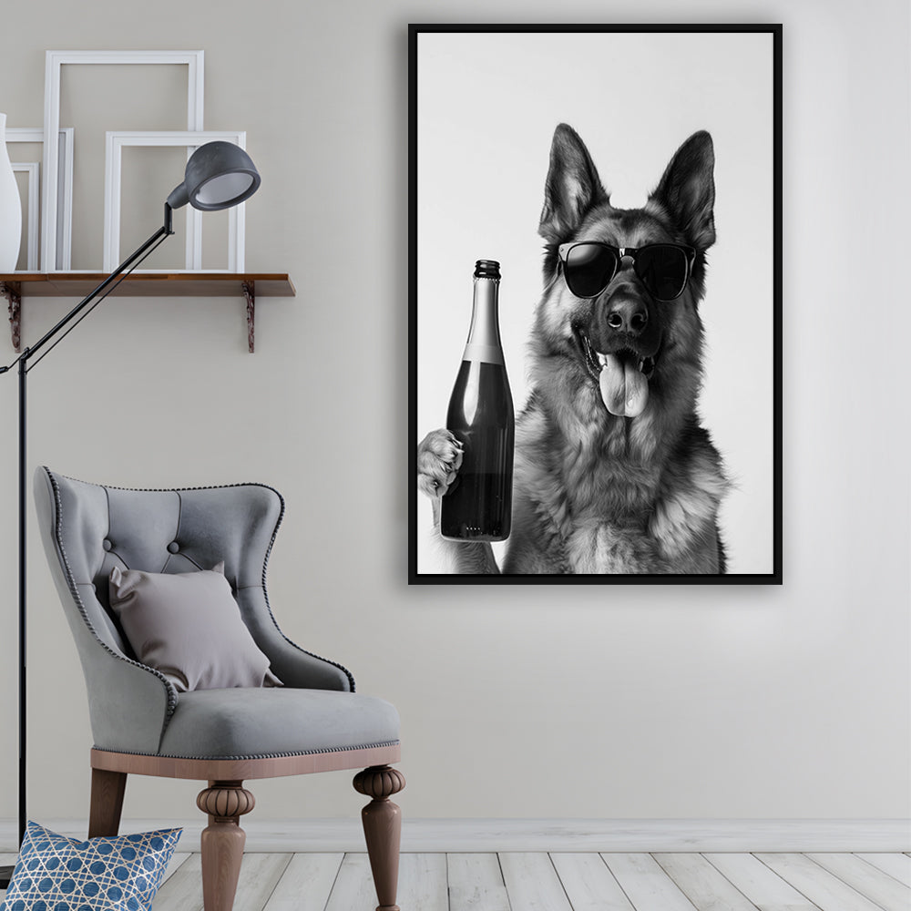 German Shepherd Holding Champagne Bottle Framed Canvas Print Wall Art, Black and White, Dog Gift, Pet Art, Home Bar Decor