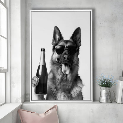 German Shepherd Holding Champagne Bottle Framed Canvas Print Wall Art, Black and White, Dog Gift, Pet Art, Home Bar Decor