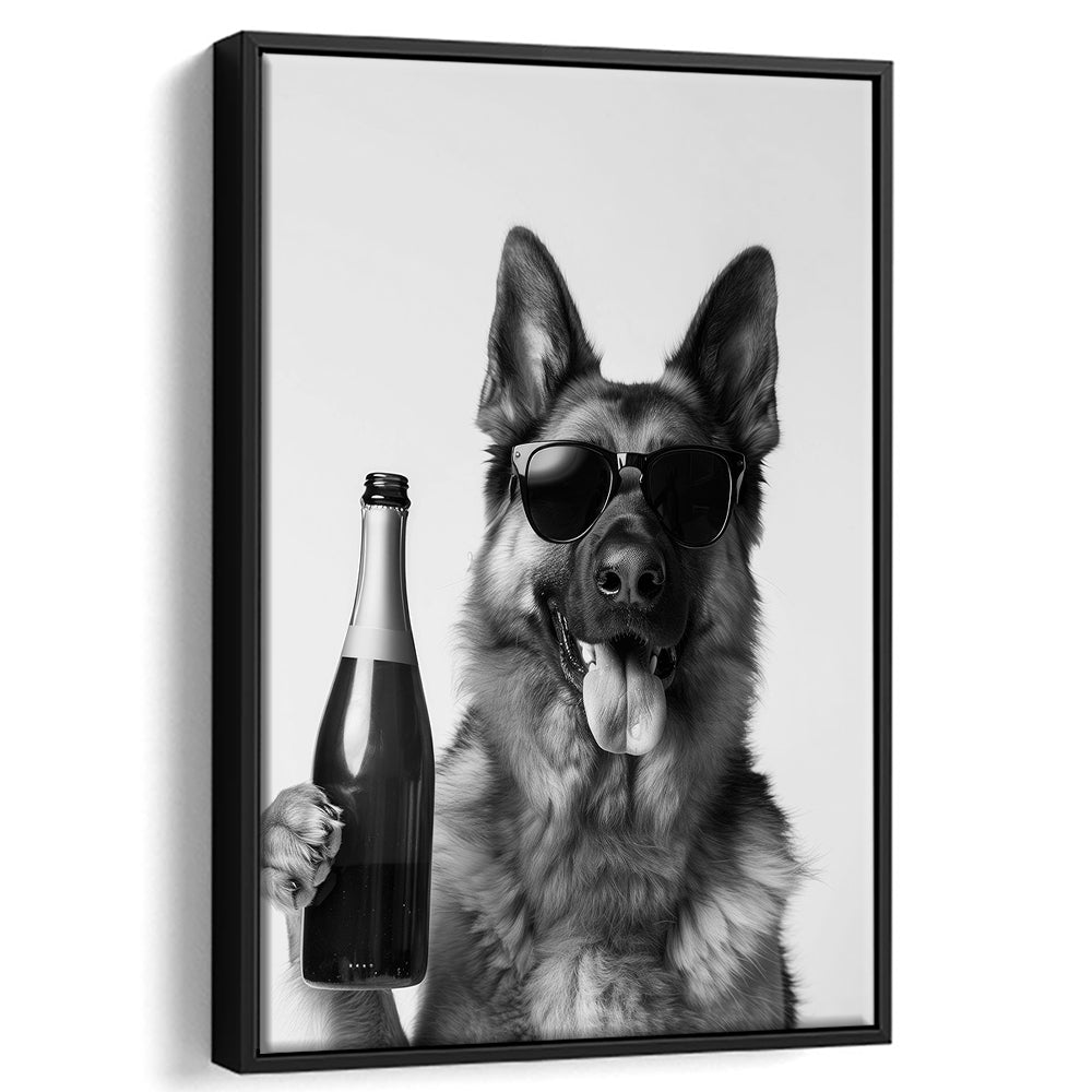 German Shepherd Holding Champagne Bottle Framed Canvas Print Wall Art, Black and White, Dog Gift, Pet Art, Home Bar Decor