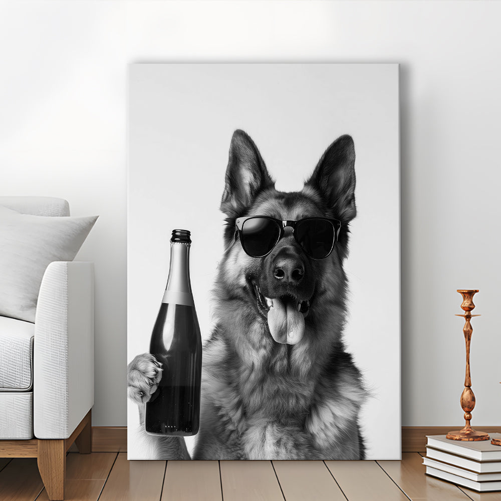 German Shepherd Holding Champagne Bottle Canvas Print Wall Art, Black and White, Dog Gift, Pet Art,, Home Bar Decor
