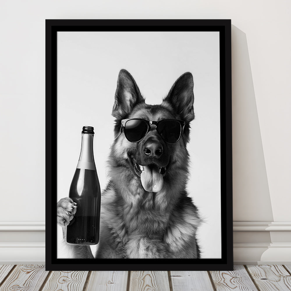 German Shepherd Holding Champagne Bottle Framed Canvas Print Wall Art, Black and White, Dog Gift, Pet Art, Home Bar Decor