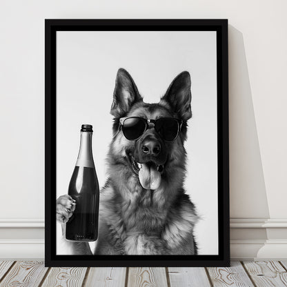 German Shepherd Holding Champagne Bottle Framed Canvas Print Wall Art, Black and White, Dog Gift, Pet Art, Home Bar Decor