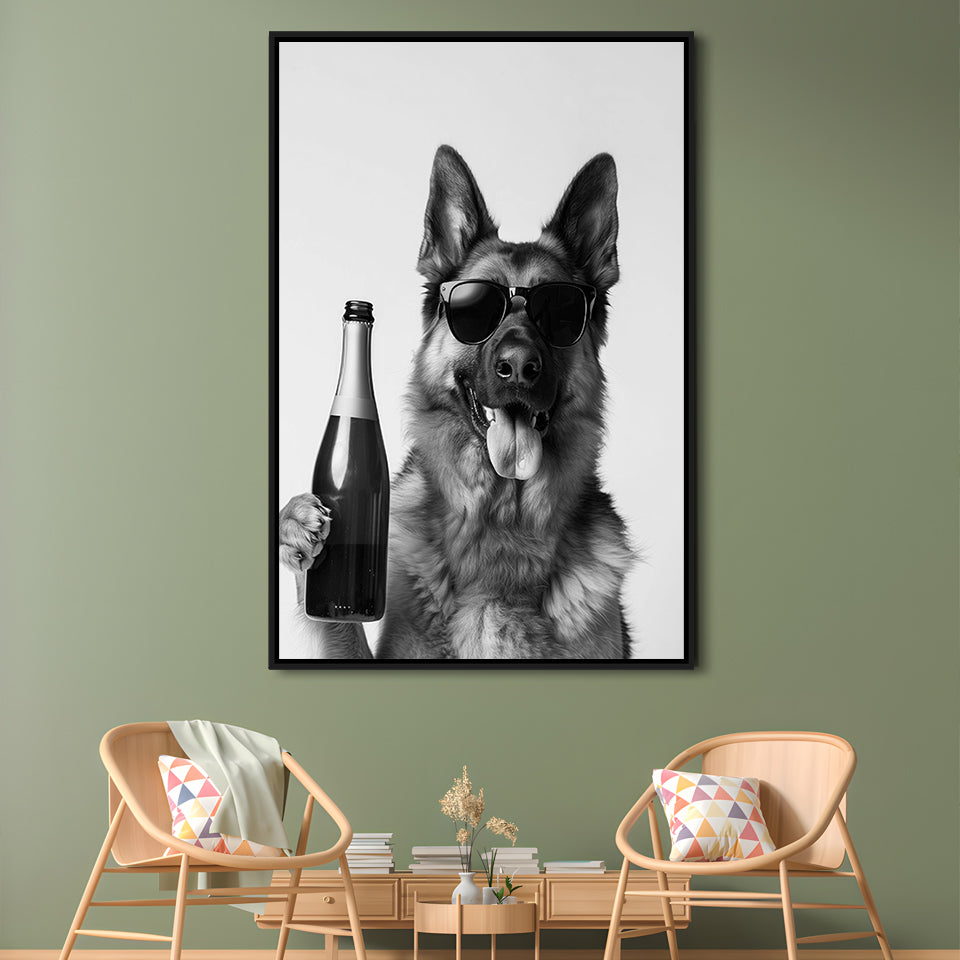 German Shepherd Holding Champagne Bottle Framed Canvas Print Wall Art, Black and White, Dog Gift, Pet Art, Home Bar Decor