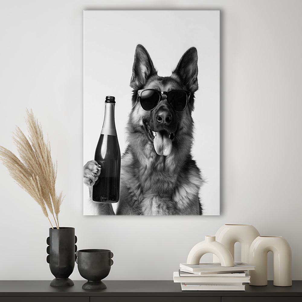 German Shepherd Holding Champagne Bottle Canvas Print Wall Art, Black and White, Dog Gift, Pet Art,, Home Bar Decor