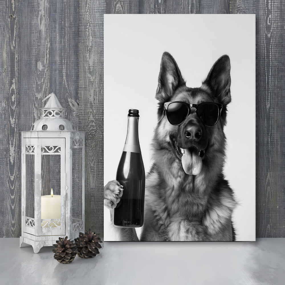 German Shepherd Holding Champagne Bottle Canvas Print Wall Art, Black and White, Dog Gift, Pet Art,, Home Bar Decor