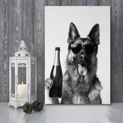 German Shepherd Holding Champagne Bottle Canvas Print Wall Art, Black and White, Dog Gift, Pet Art,, Home Bar Decor
