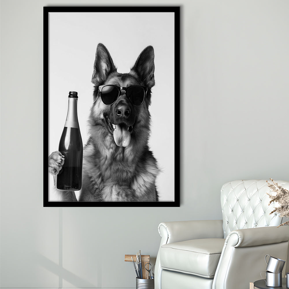 German Shepherd Holding Champagne Bottle Framed Art Print Wall Decor, Black and White, Dog Gift, Pet Art, Home Bar Decor