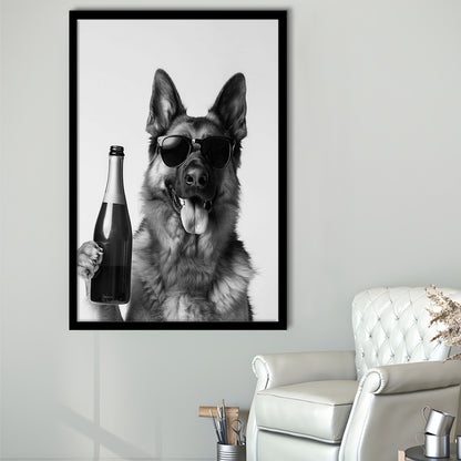 German Shepherd Holding Champagne Bottle Framed Art Print Wall Decor, Black and White, Dog Gift, Pet Art, Home Bar Decor