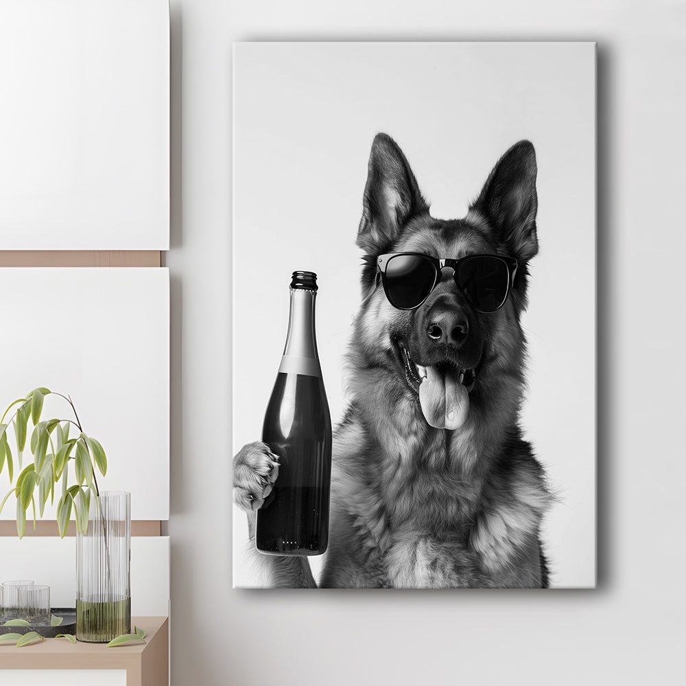 German Shepherd Holding Champagne Bottle Canvas Print Wall Art, Black and White, Dog Gift, Pet Art,, Home Bar Decor