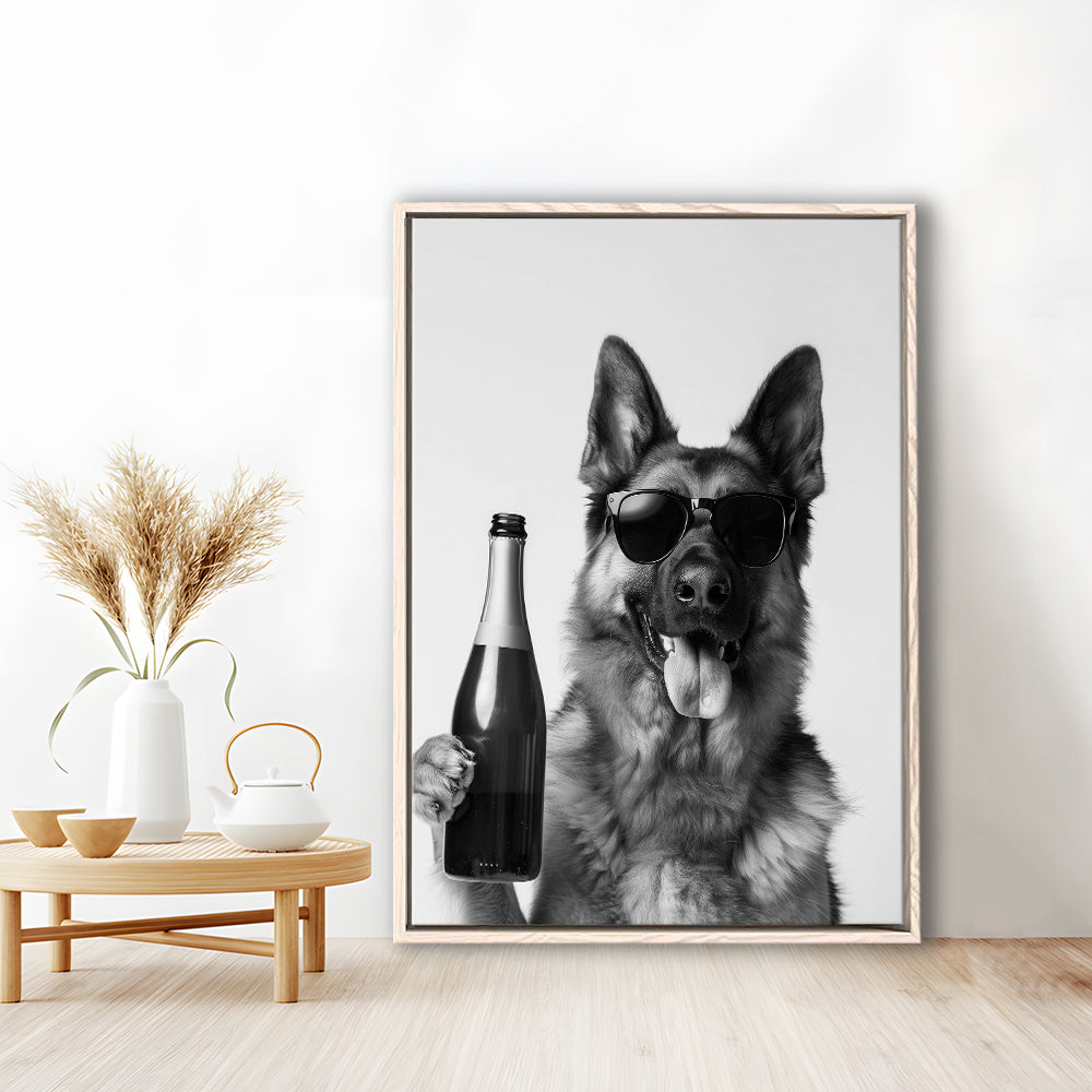 German Shepherd Holding Champagne Bottle Framed Canvas Print Wall Art, Black and White, Dog Gift, Pet Art, Home Bar Decor
