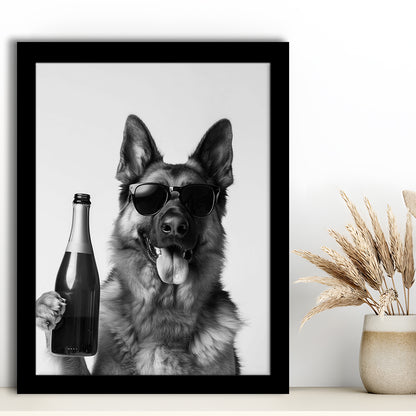 German Shepherd Holding Champagne Bottle Framed Art Print Wall Decor, Black and White, Dog Gift, Pet Art, Home Bar Decor