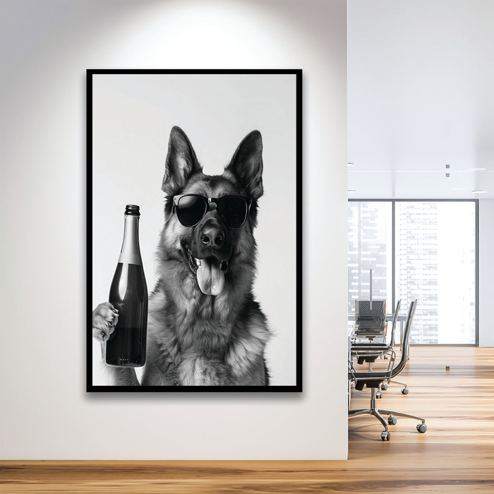 German Shepherd Holding Champagne Bottle Framed Art Print Wall Decor, Black and White, Dog Gift, Pet Art, Home Bar Decor