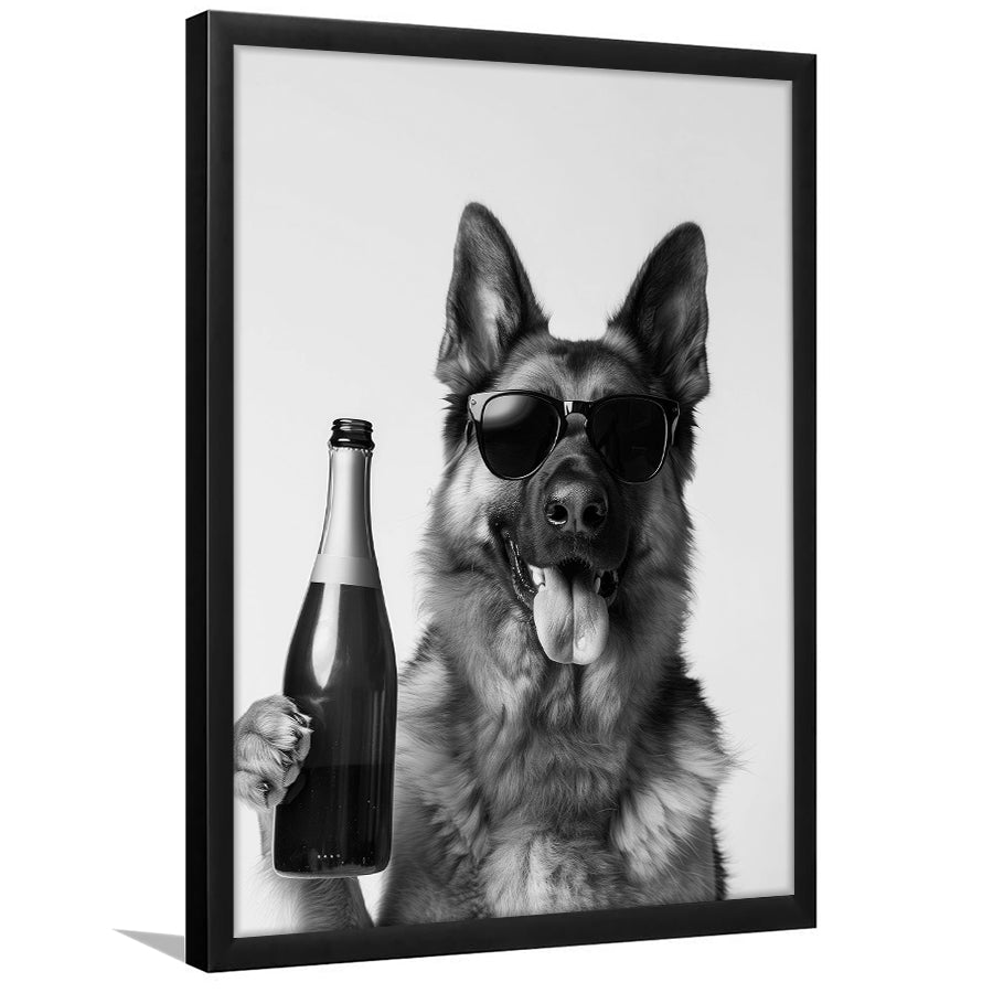 German Shepherd Holding Champagne Bottle Framed Art Print Wall Decor, Black and White, Dog Gift, Pet Art, Home Bar Decor