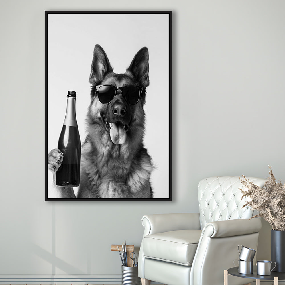 German Shepherd Holding Champagne Bottle Framed Canvas Print Wall Art, Black and White, Dog Gift, Pet Art, Home Bar Decor