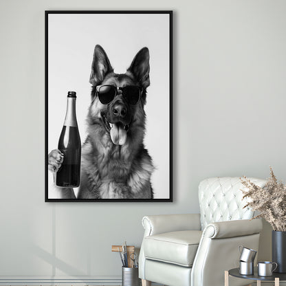 German Shepherd Holding Champagne Bottle Framed Canvas Print Wall Art, Black and White, Dog Gift, Pet Art, Home Bar Decor