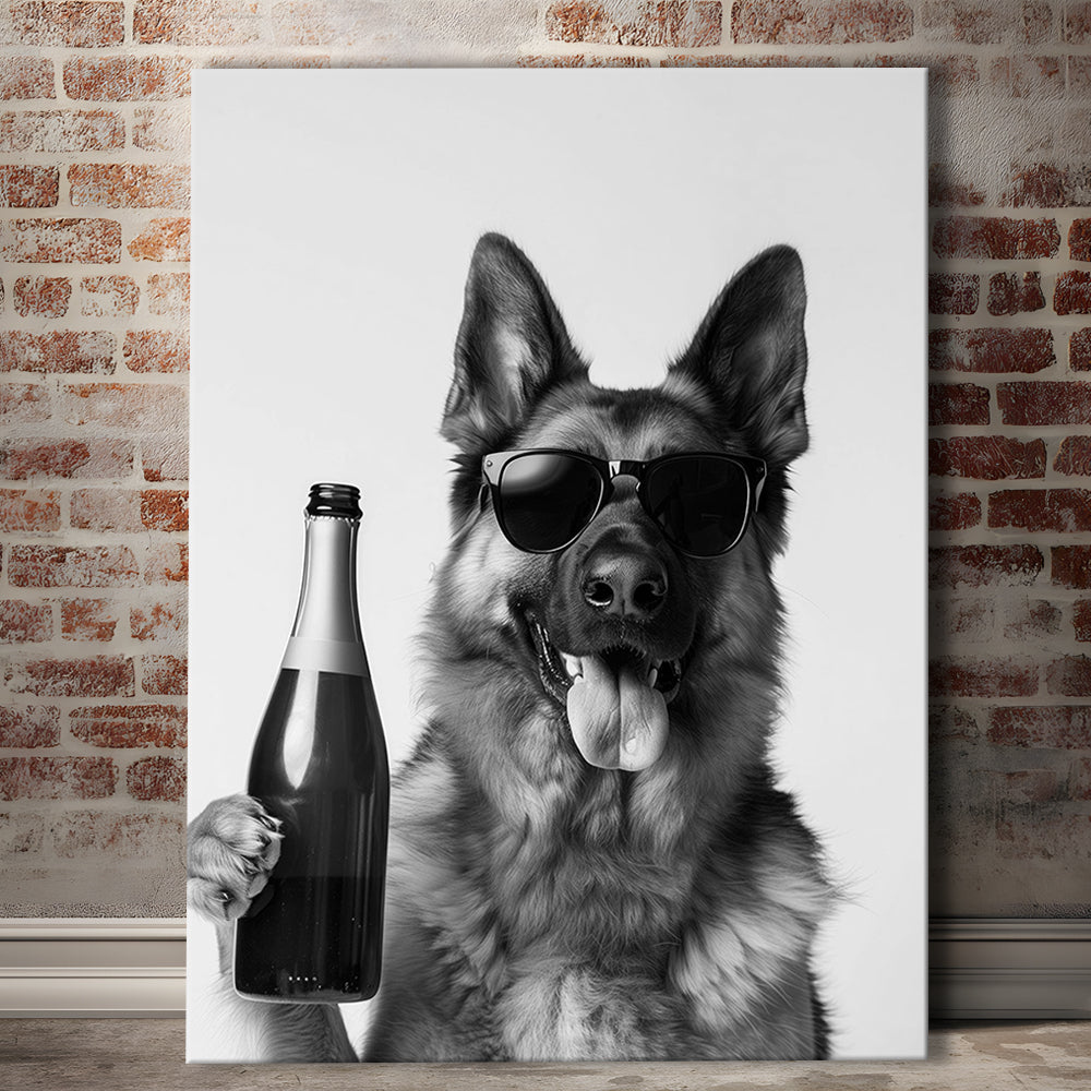 German Shepherd Holding Champagne Bottle Canvas Print Wall Art, Black and White, Dog Gift, Pet Art,, Home Bar Decor