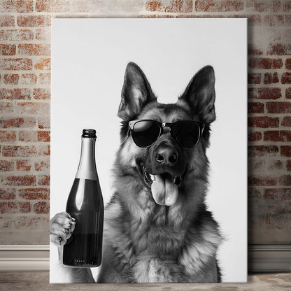 German Shepherd Holding Champagne Bottle Canvas Print Wall Art, Black and White, Dog Gift, Pet Art,, Home Bar Decor