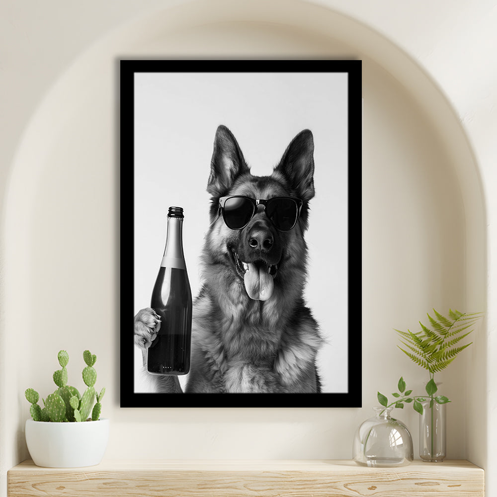 German Shepherd Holding Champagne Bottle Framed Art Print Wall Decor, Black and White, Dog Gift, Pet Art, Home Bar Decor