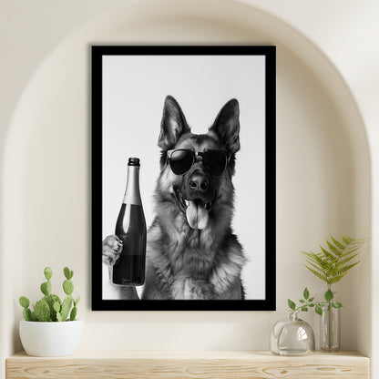 German Shepherd Holding Champagne Bottle Framed Art Print Wall Decor, Black and White, Dog Gift, Pet Art, Home Bar Decor