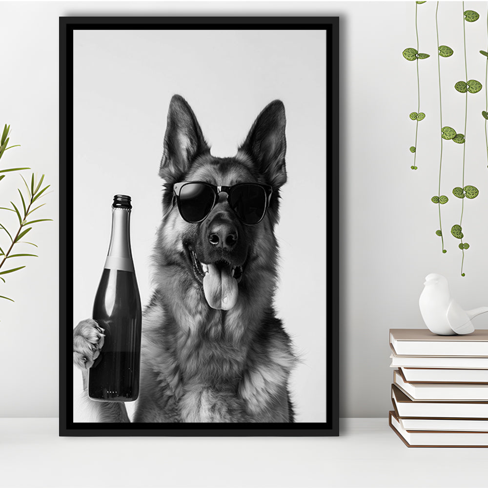 German Shepherd Holding Champagne Bottle Framed Canvas Print Wall Art, Black and White, Dog Gift, Pet Art, Home Bar Decor