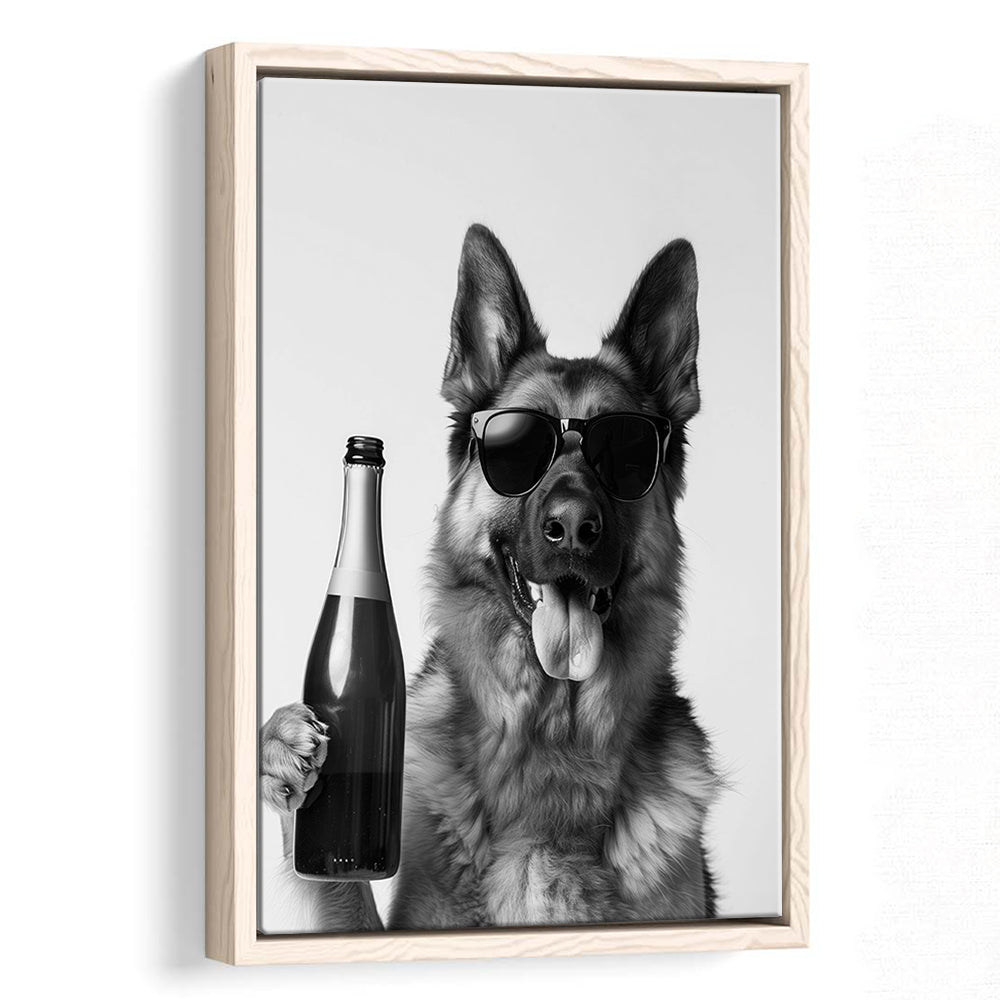 German Shepherd Holding Champagne Bottle Framed Canvas Print Wall Art, Black and White, Dog Gift, Pet Art, Home Bar Decor