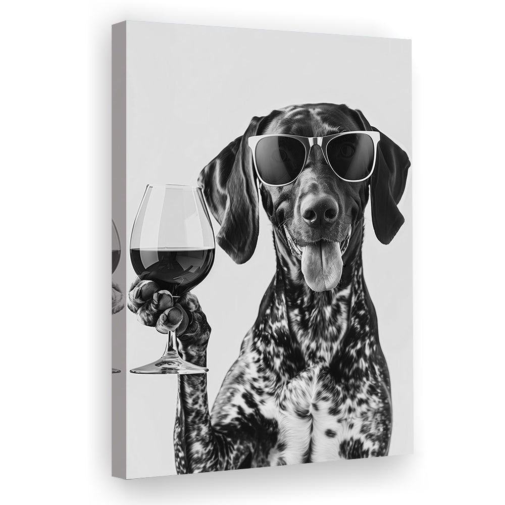 German Shorthaired Pointer Holding Wine Canvas Print Wall Art, Black and White, GSP Gift,, Kitchen Wall Decor