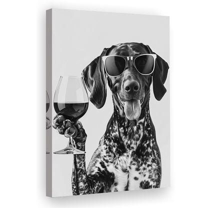 German Shorthaired Pointer Holding Wine Canvas Print Wall Art, Black and White, GSP Gift,, Kitchen Wall Decor