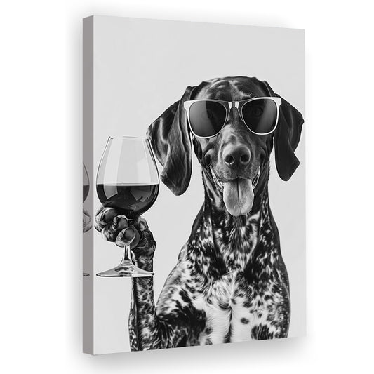 German Shorthaired Pointer Holding Wine Canvas Print Wall Art, Black and White, GSP Gift,, Kitchen Wall Decor