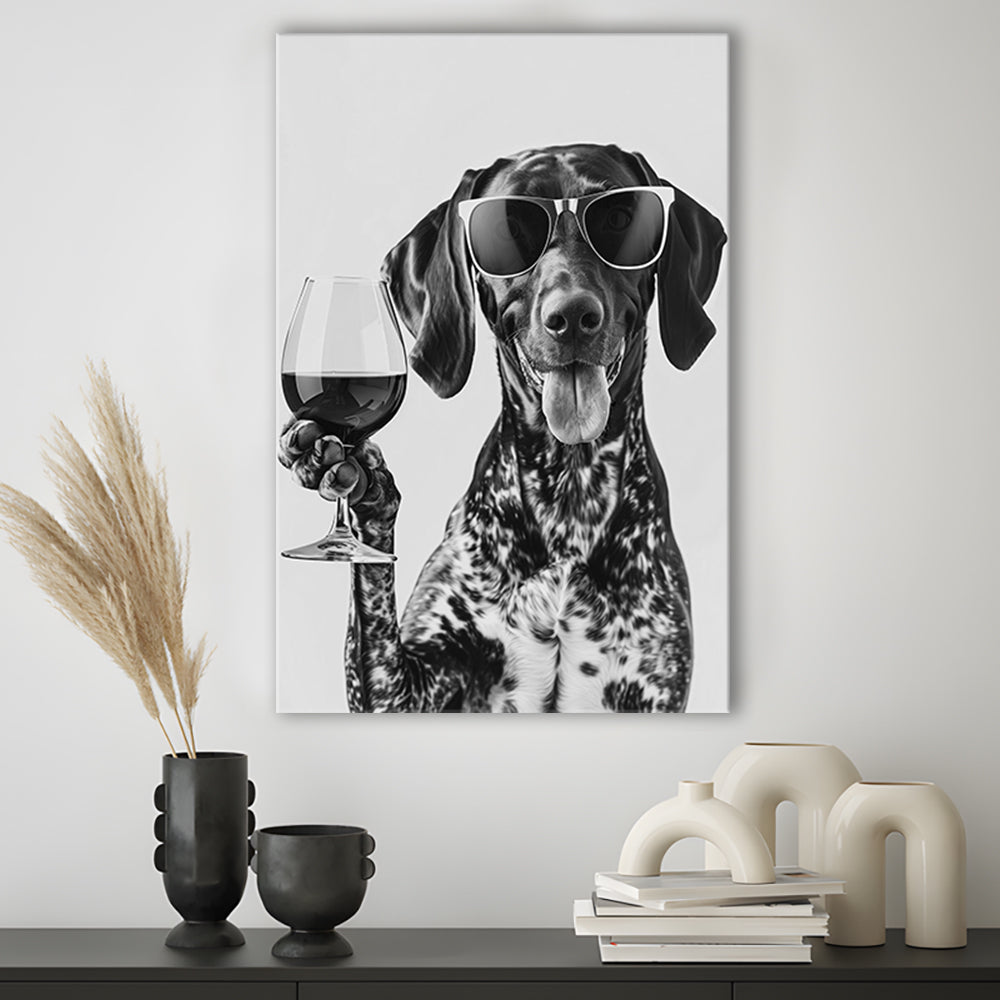 German Shorthaired Pointer Holding Wine Canvas Print Wall Art, Black and White, GSP Gift,, Kitchen Wall Decor