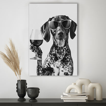 German Shorthaired Pointer Holding Wine Canvas Print Wall Art, Black and White, GSP Gift,, Kitchen Wall Decor