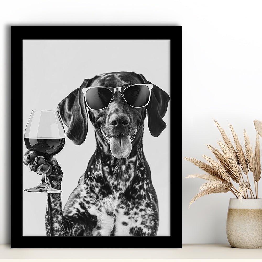 German Shorthaired Pointer Holding Wine Framed Art Print Wall Decor, Black and White, GSP Gift, Kitchen Wall Decor