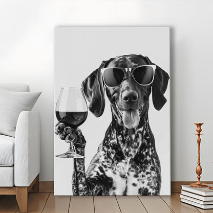 German Shorthaired Pointer Holding Wine Canvas Print Wall Art, Black and White, GSP Gift,, Kitchen Wall Decor