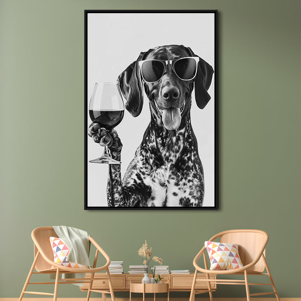 German Shorthaired Pointer Holding Wine Framed Canvas Print Wall Art, Black and White, GSP Gift, Kitchen Wall Decor