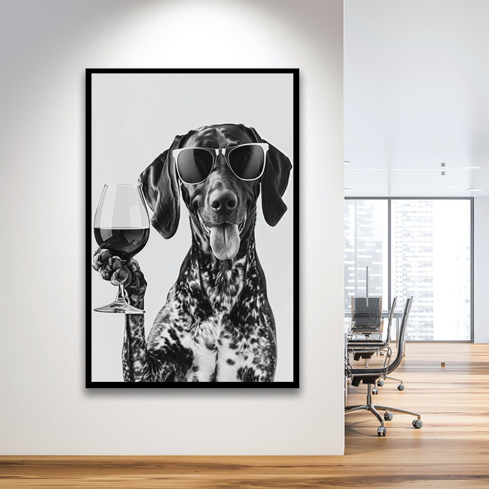 German Shorthaired Pointer Holding Wine Framed Art Print Wall Decor, Black and White, GSP Gift, Kitchen Wall Decor