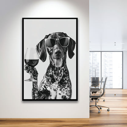 German Shorthaired Pointer Holding Wine Framed Art Print Wall Decor, Black and White, GSP Gift, Kitchen Wall Decor