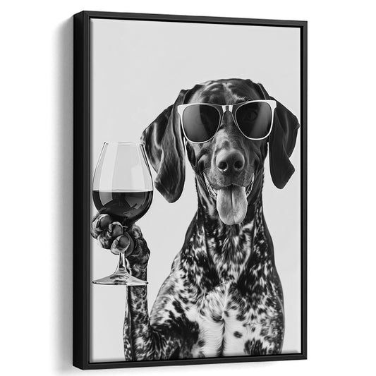 German Shorthaired Pointer Holding Wine Framed Canvas Print Wall Art, Black and White, GSP Gift, Kitchen Wall Decor