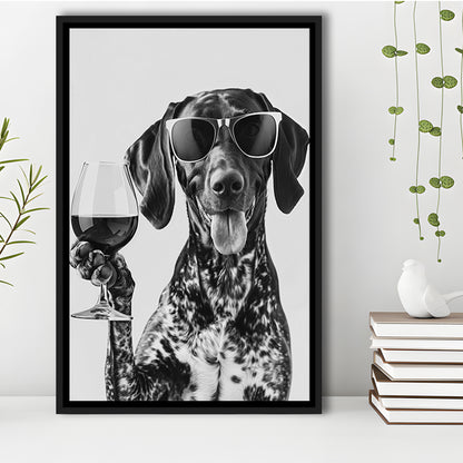 German Shorthaired Pointer Holding Wine Framed Canvas Print Wall Art, Black and White, GSP Gift, Kitchen Wall Decor