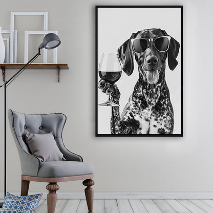 German Shorthaired Pointer Holding Wine Framed Canvas Print Wall Art, Black and White, GSP Gift, Kitchen Wall Decor