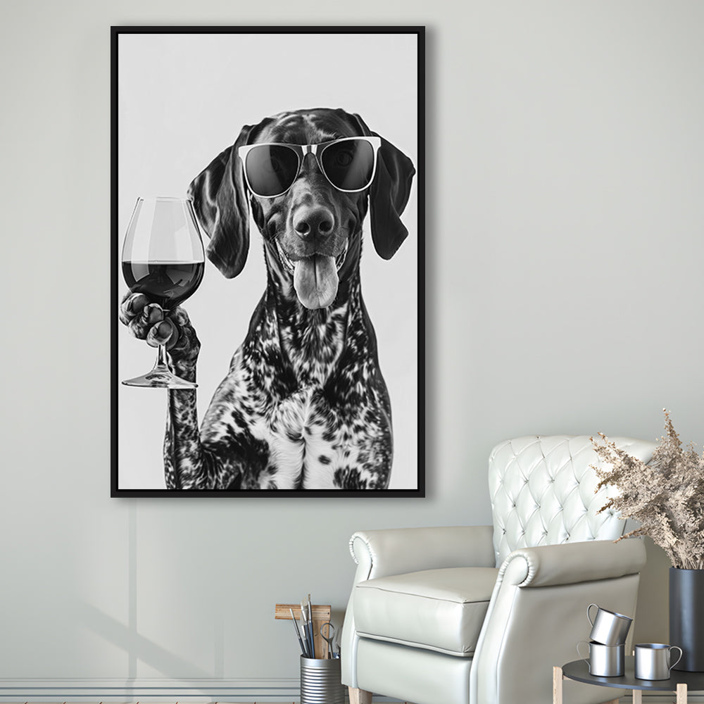 German Shorthaired Pointer Holding Wine Framed Canvas Print Wall Art, Black and White, GSP Gift, Kitchen Wall Decor