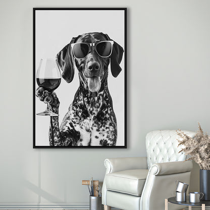 German Shorthaired Pointer Holding Wine Framed Canvas Print Wall Art, Black and White, GSP Gift, Kitchen Wall Decor