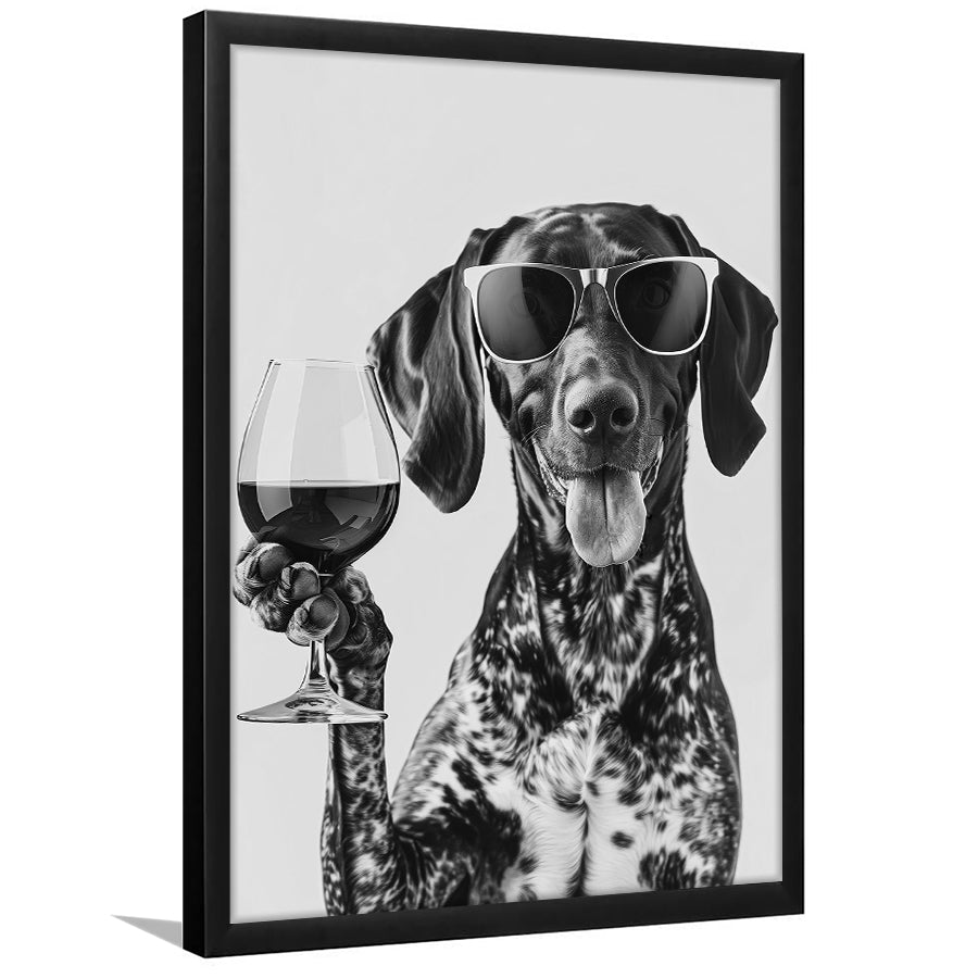 German Shorthaired Pointer Holding Wine Framed Art Print Wall Decor, Black and White, GSP Gift, Kitchen Wall Decor