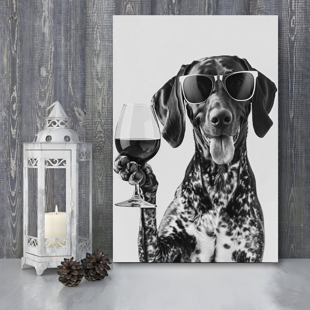 German Shorthaired Pointer Holding Wine Canvas Print Wall Art, Black and White, GSP Gift,, Kitchen Wall Decor