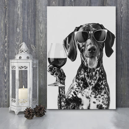 German Shorthaired Pointer Holding Wine Canvas Print Wall Art, Black and White, GSP Gift,, Kitchen Wall Decor