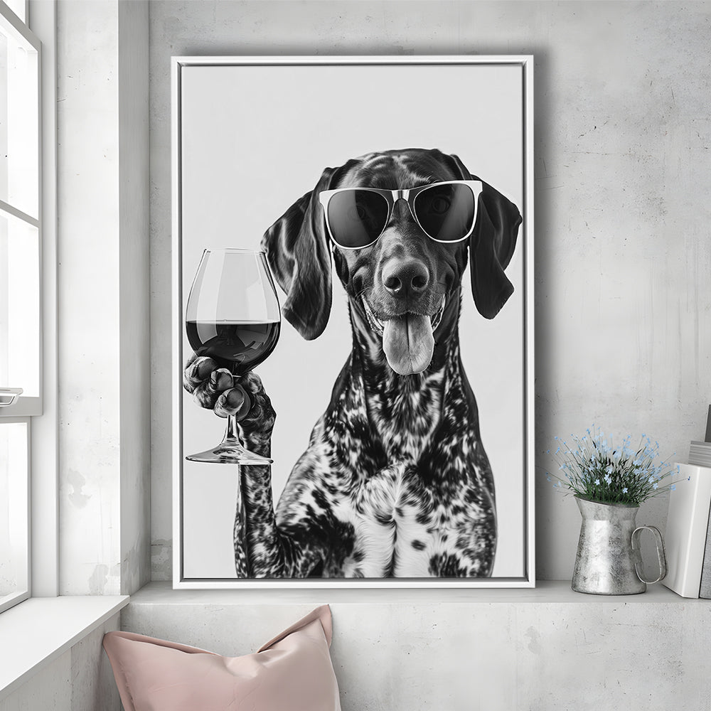 German Shorthaired Pointer Holding Wine Framed Canvas Print Wall Art, Black and White, GSP Gift, Kitchen Wall Decor