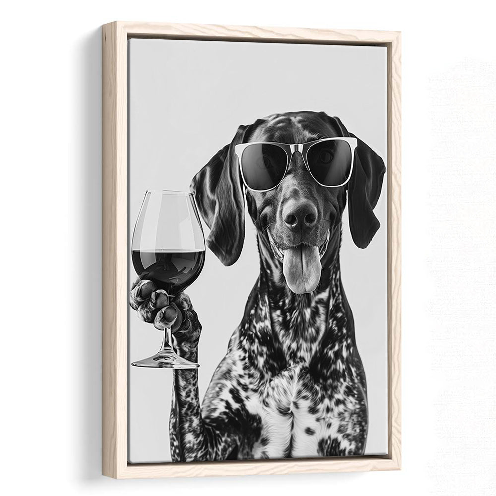 German Shorthaired Pointer Holding Wine Framed Canvas Print Wall Art, Black and White, GSP Gift, Kitchen Wall Decor