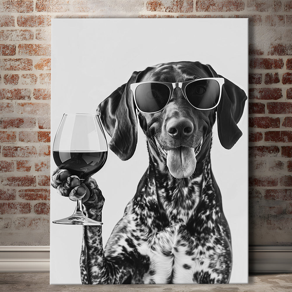 German Shorthaired Pointer Holding Wine Canvas Print Wall Art, Black and White, GSP Gift,, Kitchen Wall Decor