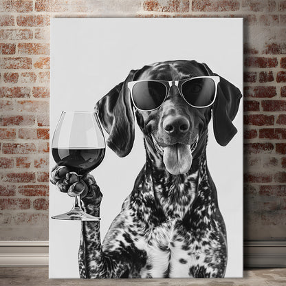German Shorthaired Pointer Holding Wine Canvas Print Wall Art, Black and White, GSP Gift,, Kitchen Wall Decor